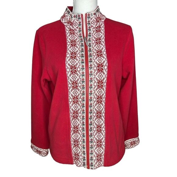 L.L. Bean Fleece Jacket Womens M Fair Isle Nordic Full Zip Pockets Warm Cozy - Picture 1 of 4